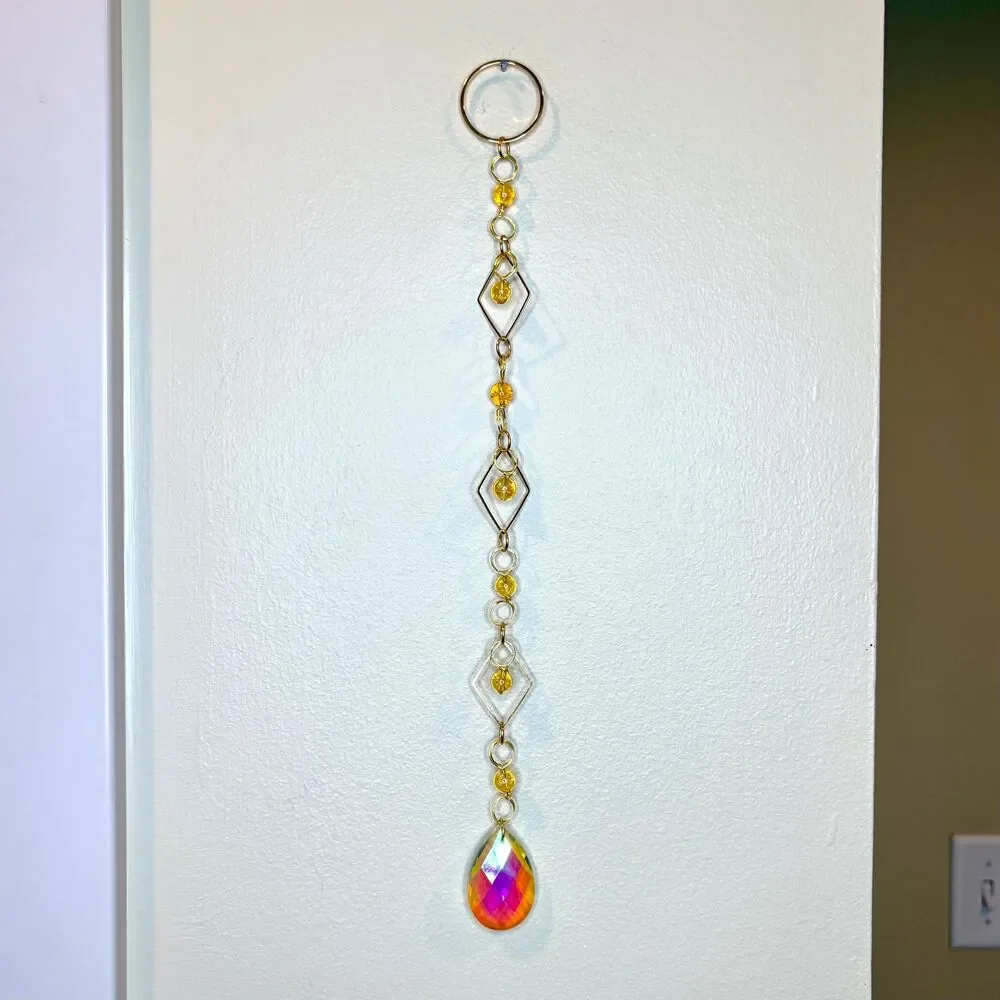 Citrine Bead Wall Hanging | Gold Diamond Frame | Aurora Borealis Teardrop Prism
